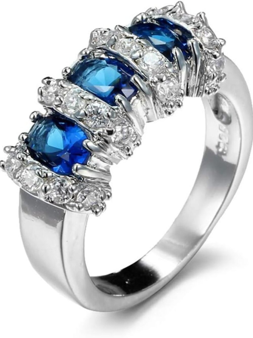 Elegant 3-Stone Emerald Sapphire Ring, 925 Sterling Silver, CZ Eternity Band for
